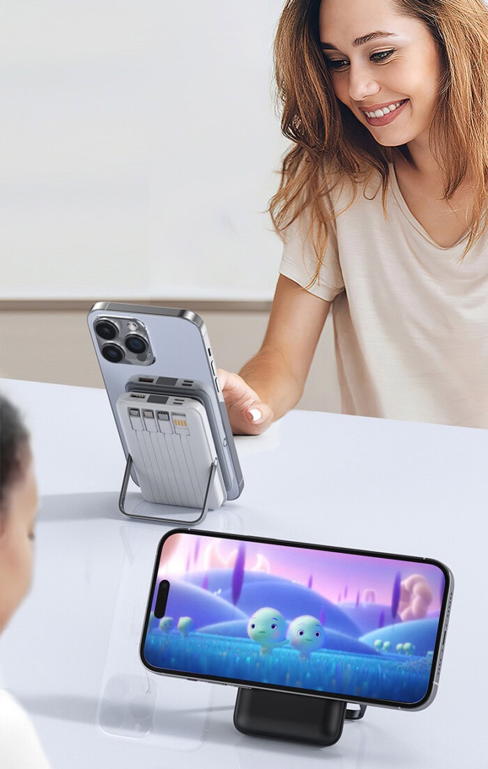 Batterie Externe MagSafe 15W – 10 000 mAh avec Câbles Intégrés et Support Téléphone