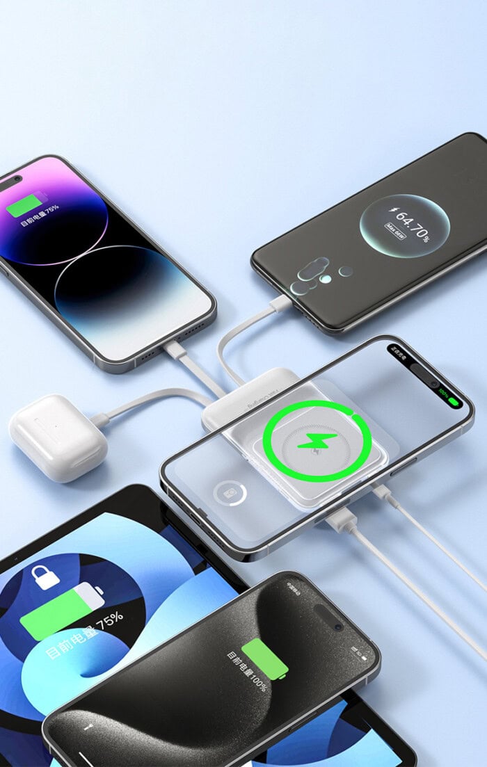 Batterie Externe MagSafe 15W – 10 000 mAh avec Câbles Intégrés et Support Téléphone