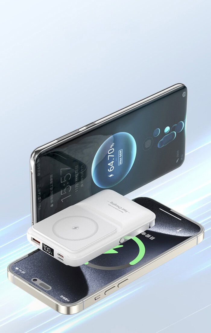 Batterie Externe MagSafe 15W – 10 000 mAh avec Câbles Intégrés et Support Téléphone