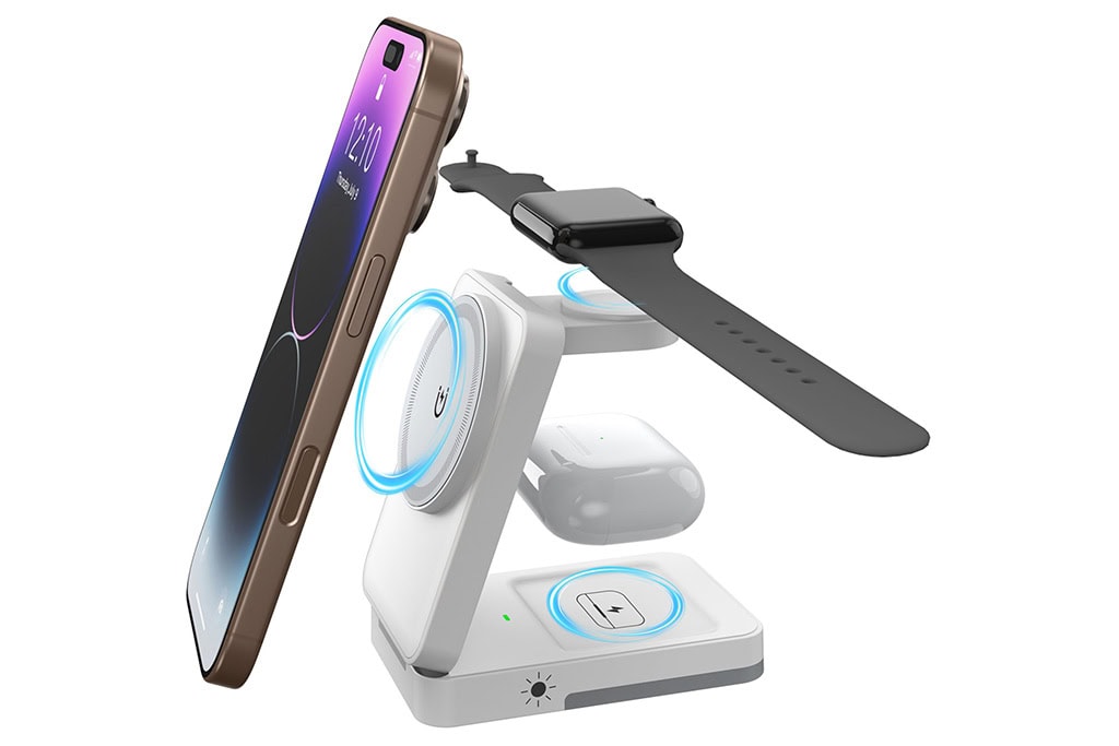 Station de recharge magnétique 3-en-1 pliable avec lumière LED Station de recharge magnétique 3-en-1 pliable avec lumière LED