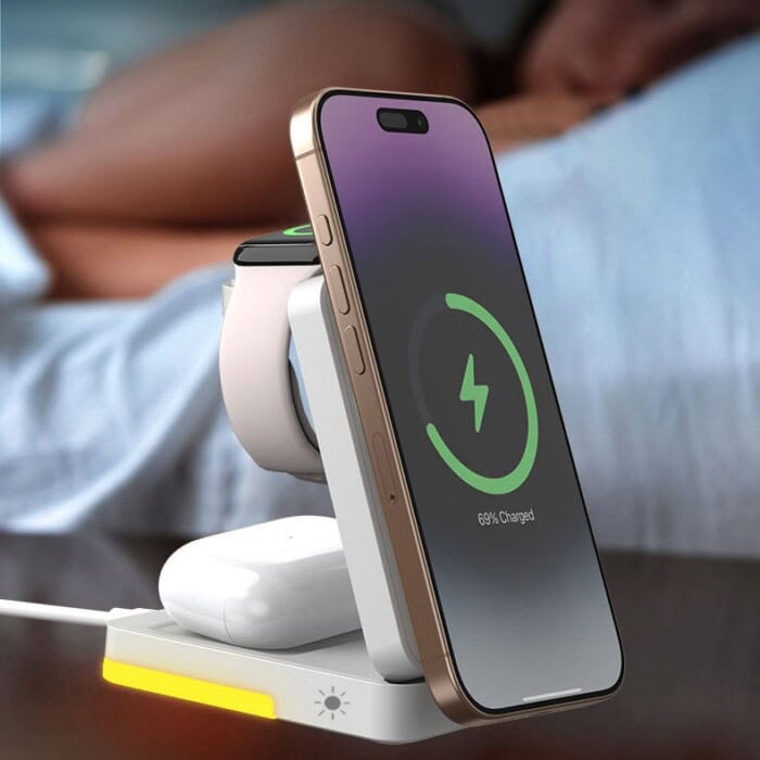 Station de recharge magnétique 3-en-1 pliable avec lumière LED
