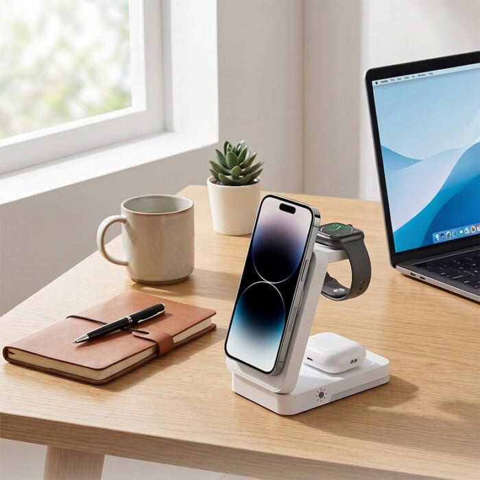 Station de recharge magnétique 3-en-1 pliable avec lumière LED